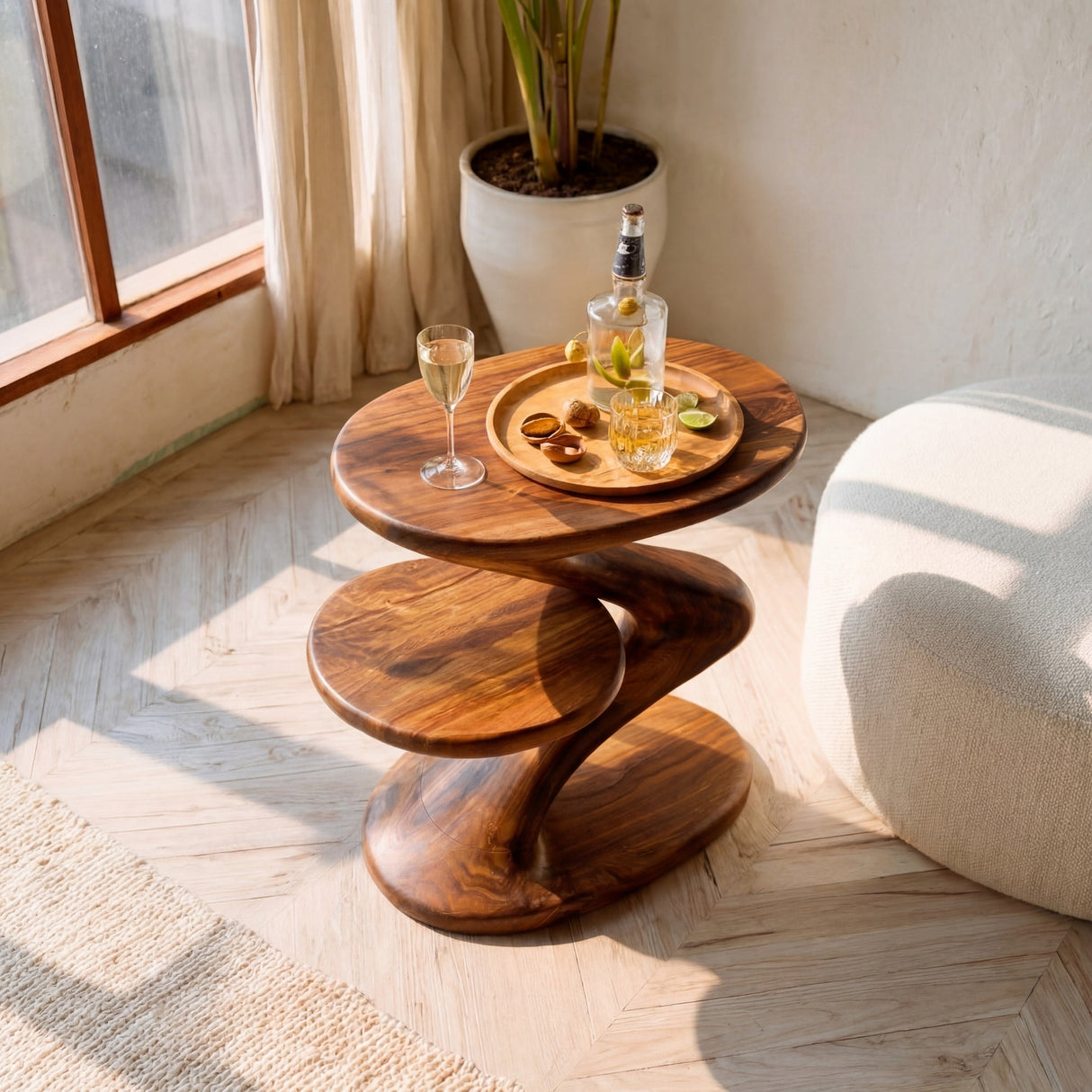 Two Tier Sculptural Solid Wood Side Table for Living Room and Lounge Styling