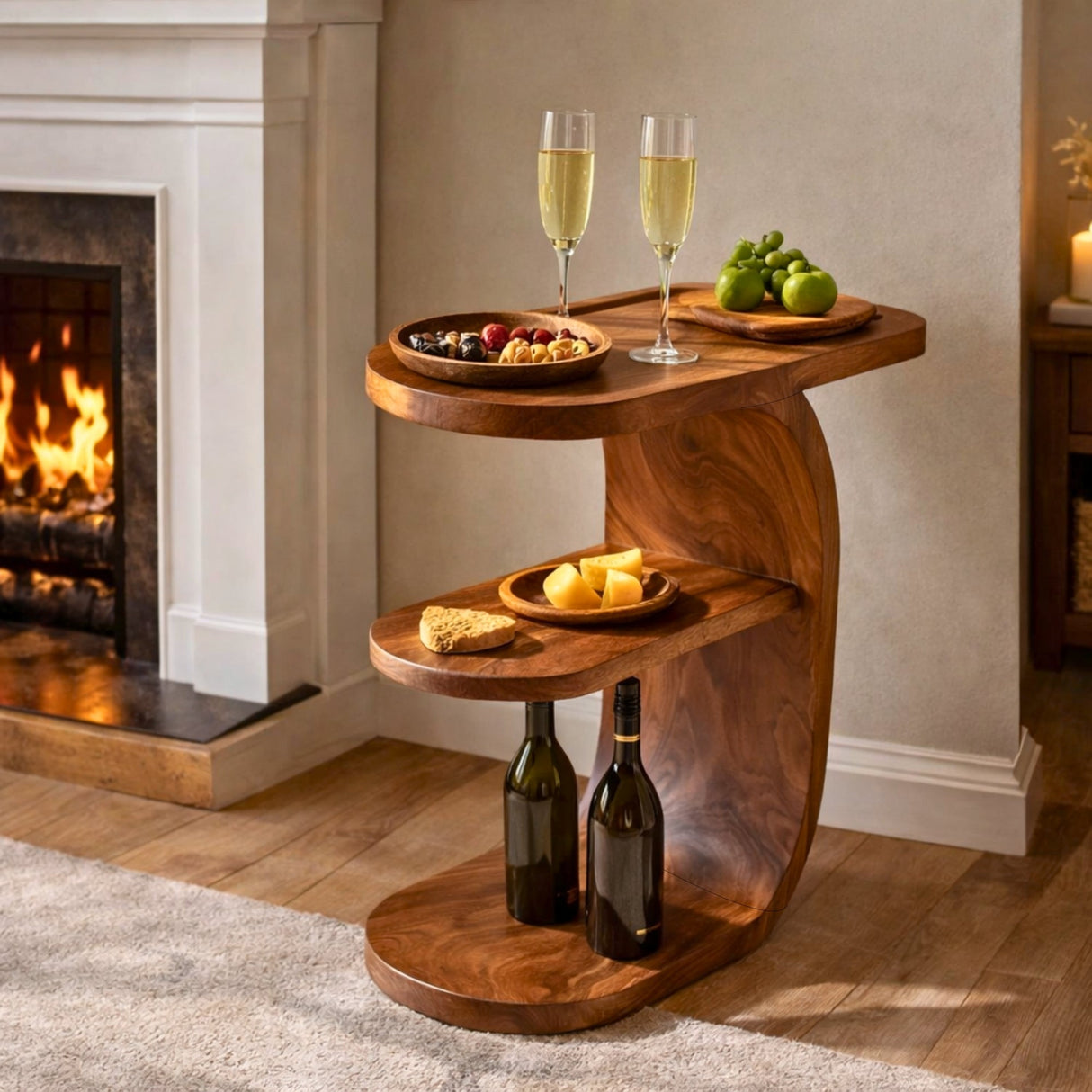 Living Room Entertaining Side Table with Tiered Solid Wood Design