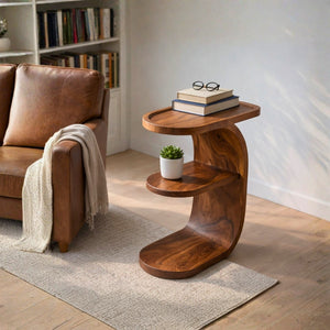 Living Room Entertaining Side Table with Tiered Solid Wood Design