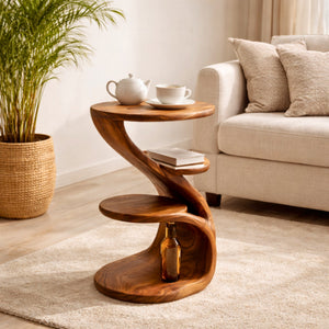 Modern Sculptural Three Tier Solid Teak Side Table for Living Room Use