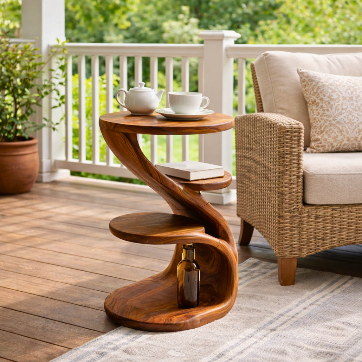 Modern Sculptural Three Tier Solid Teak Side Table for Living Room Use