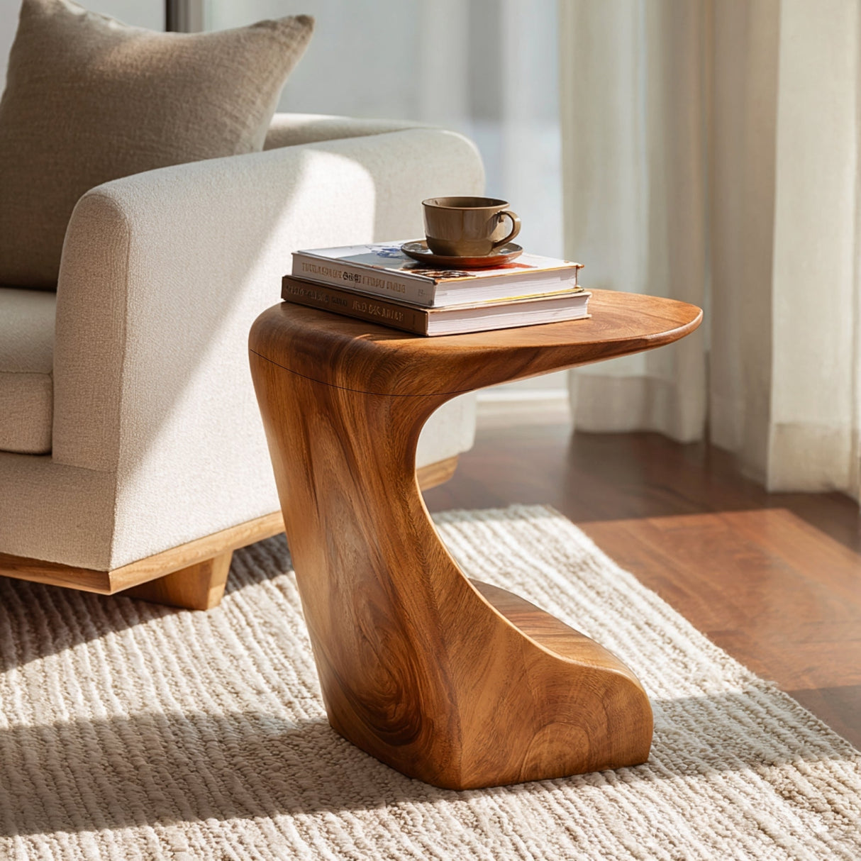 Modern Sculptural Solid Wood Side Table for Living Room Interior Decor