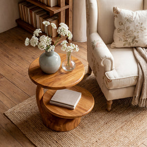 Two Tier Round Solid Wood Side Table for Living Room Decor
