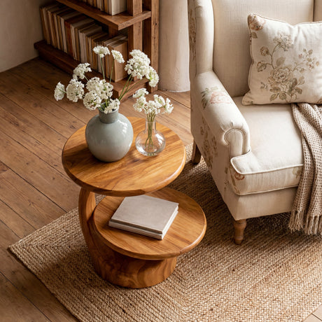 Two Tier Round Solid Wood Side Table for Living Room Decor