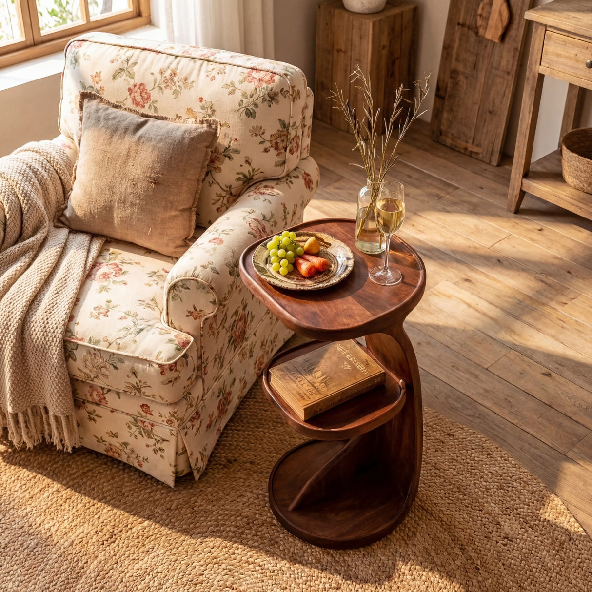 Curved Two Level Solid Wood Side Table for Living Room Decor
