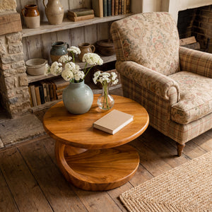 Round Sculptural Solid Wood Side Table for Living Room Decor