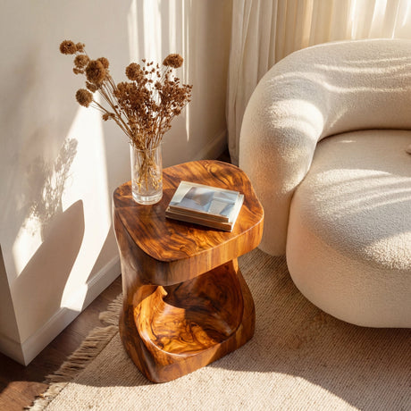 Modern Sculptural Solid Wood Side Table with Curved Base
