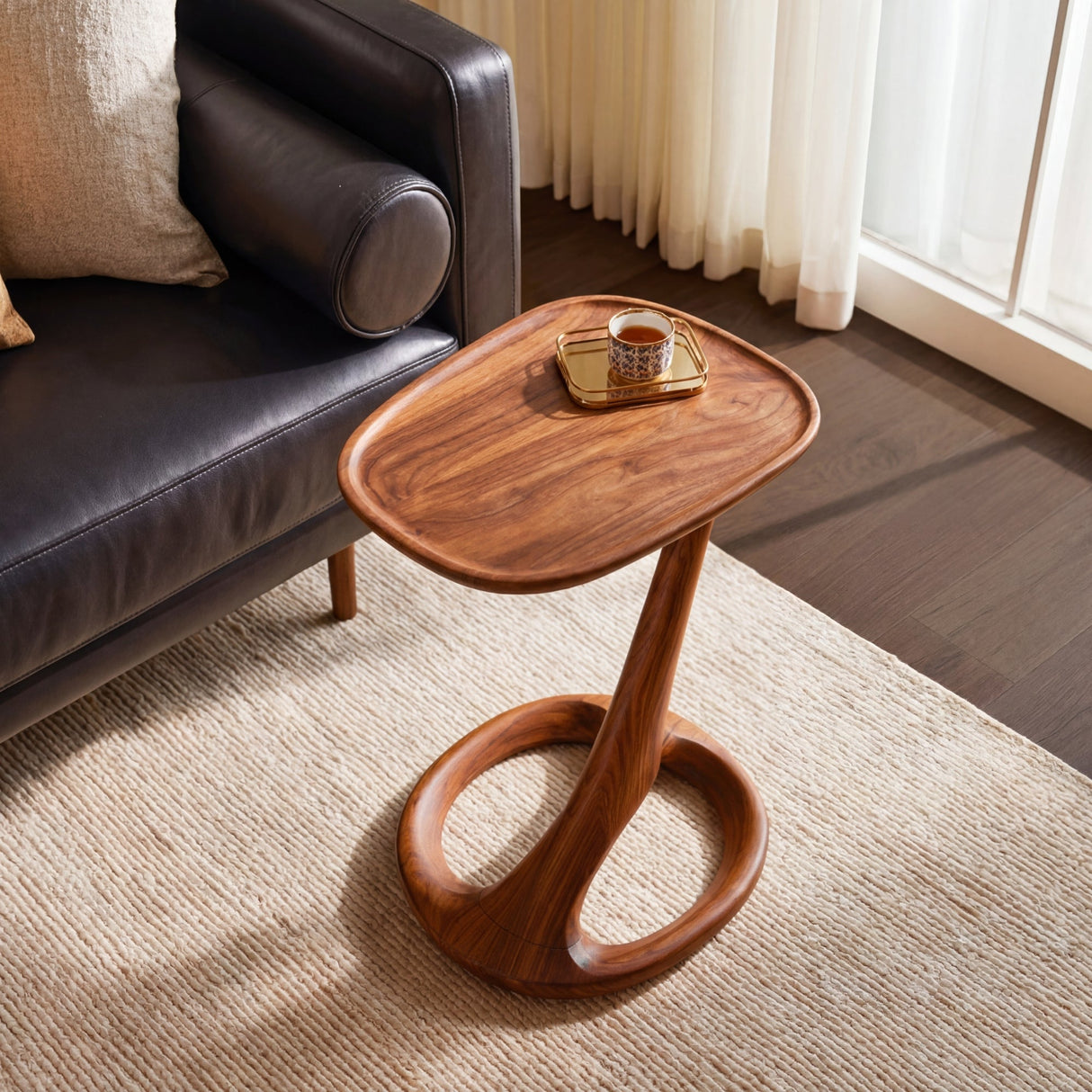 Modern Sculptural Solid Wood Side Table for Living Room Decor