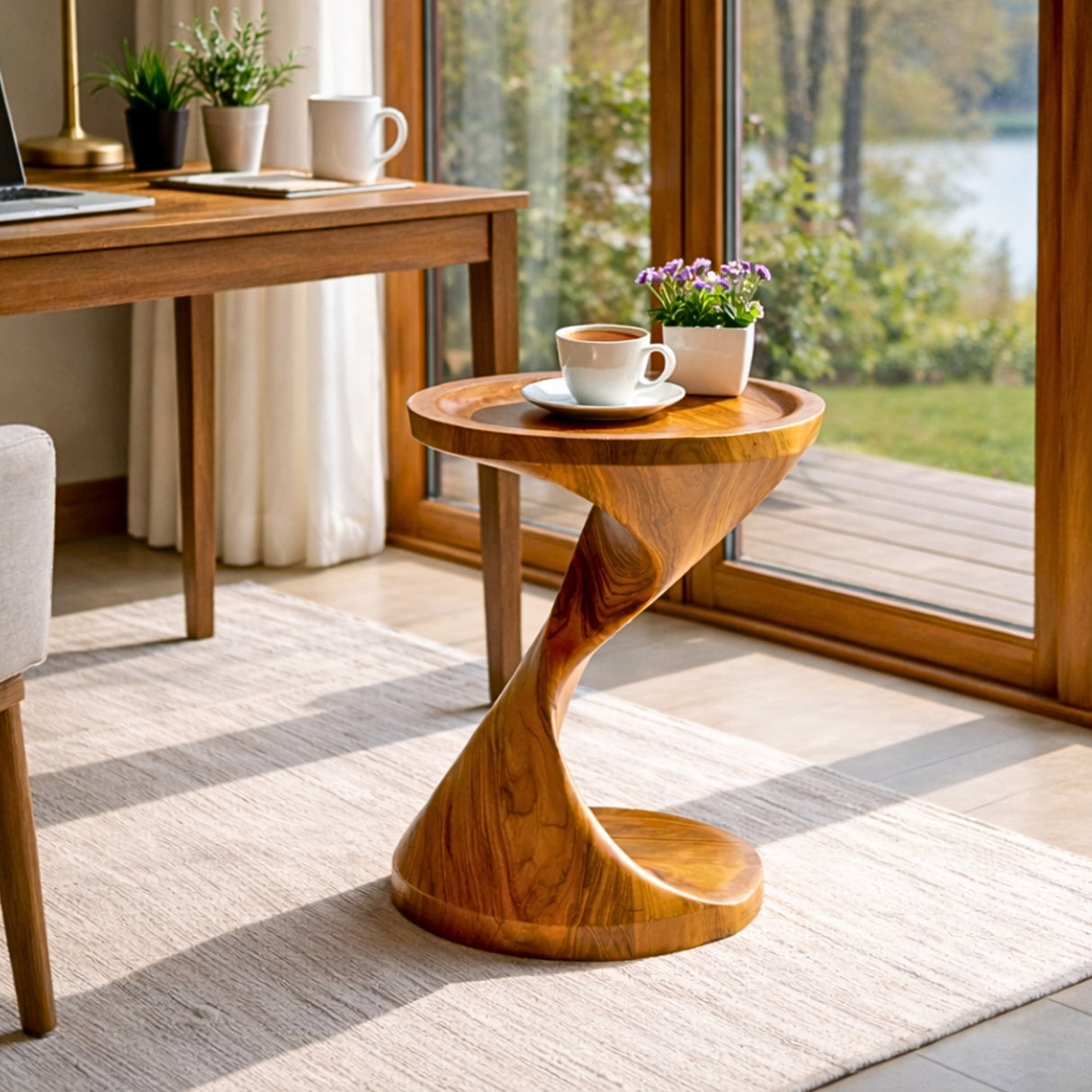 Spiral Pedestal Solid Wood Side Table with Tray Top for Living Room Decor