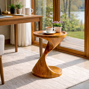 Spiral Pedestal Solid Wood Side Table with Tray Top for Living Room Decor