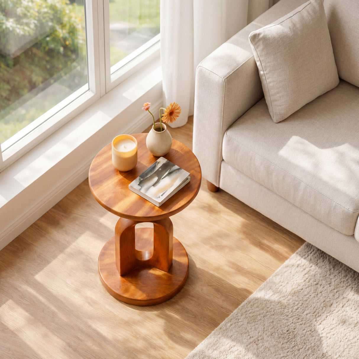 Tall Solid Wood Side Table Round Top Pedestal Living Room Decor