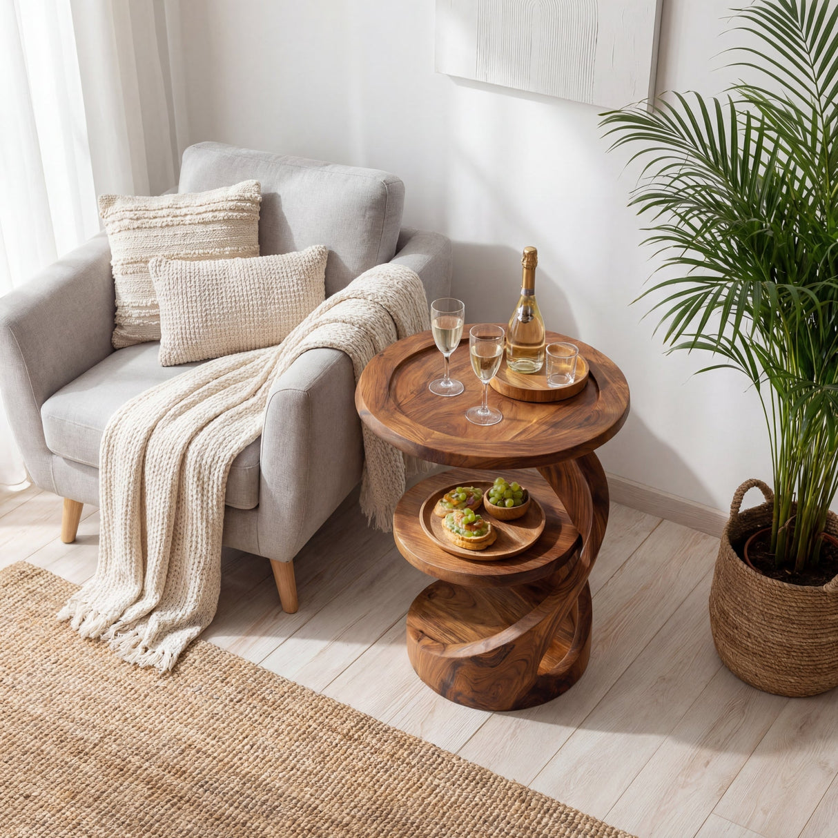 Helix Two Level Solid Wood Side Table with Tray Top for Living Room Decor