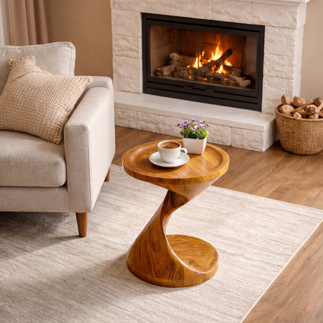 Spiral Pedestal Solid Wood Side Table with Tray Top for Living Room Decor