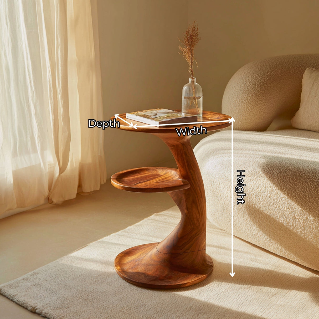 Two Tier Sculptural Solid Wood Side Table for Living Room Decor