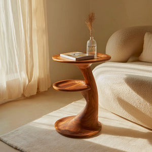 Two Tier Sculptural Solid Wood Side Table for Living Room Decor