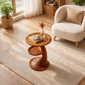 Two Tier Sculptural Solid Wood Side Table for Living Room Decor