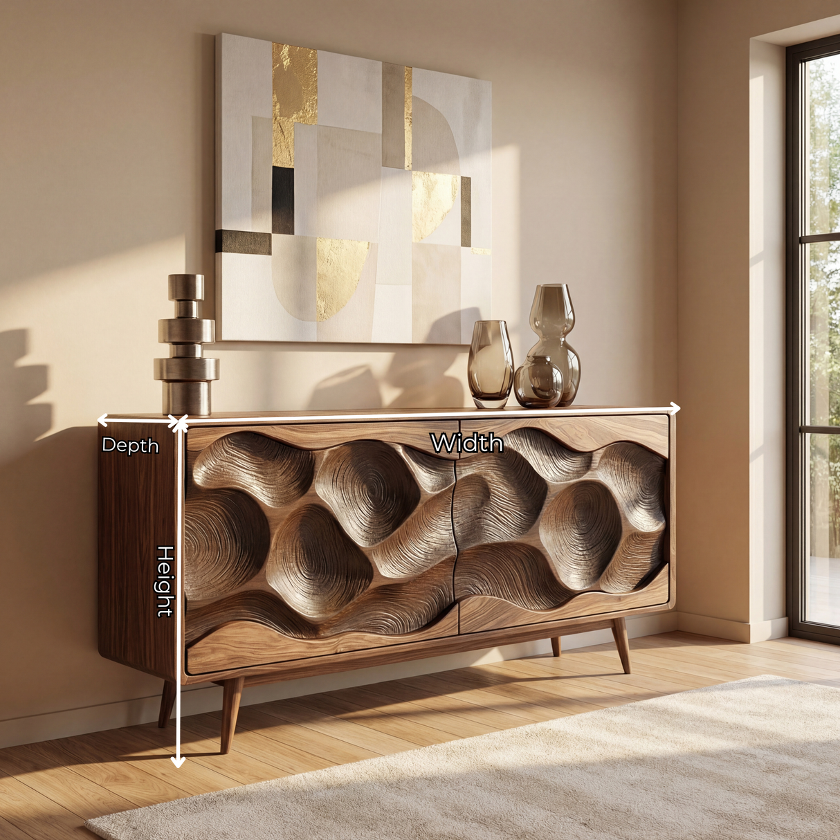 Solid Wood Sculpted Wave Credenza for Living Room and Dining Storage