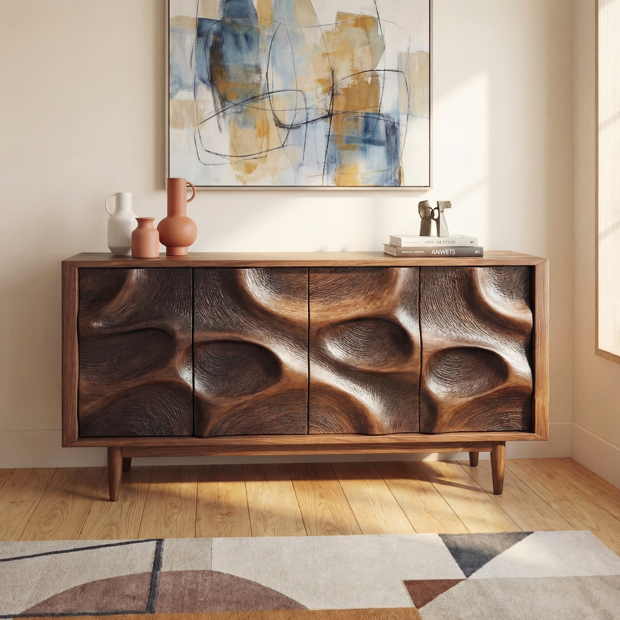 Sculpted Cavern Solid Wood Sideboard Cabinet for Living and Dining Room Storage