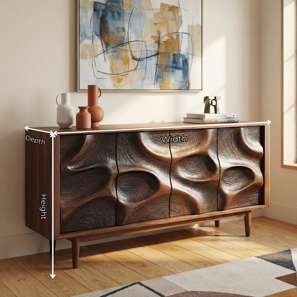 Sculpted Cavern Solid Wood Sideboard Cabinet for Living and Dining Room Storage