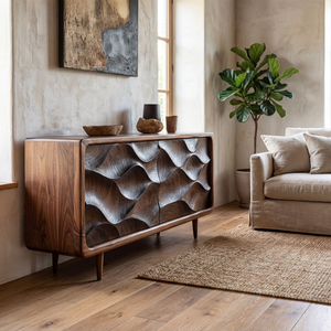 Wave Carved Solid Wood Sideboard Cabinet for Living and Dining Room Storage