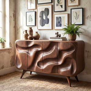 Curved Wavefront Solid Wood Credenza for Modern Living and Dining Room Storage