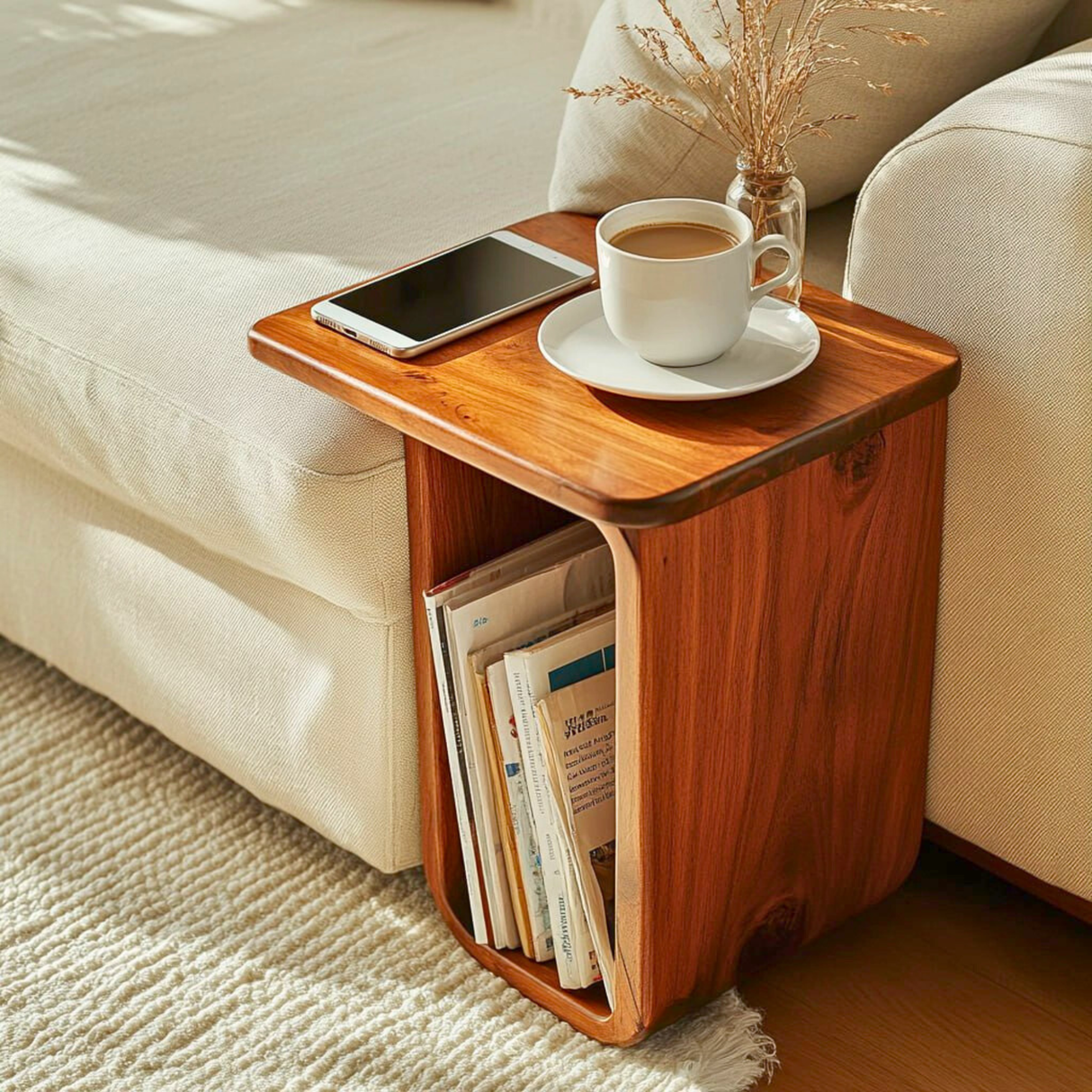 Sculptural Solid Wood Side Table for Living Rooms and Reading Corners