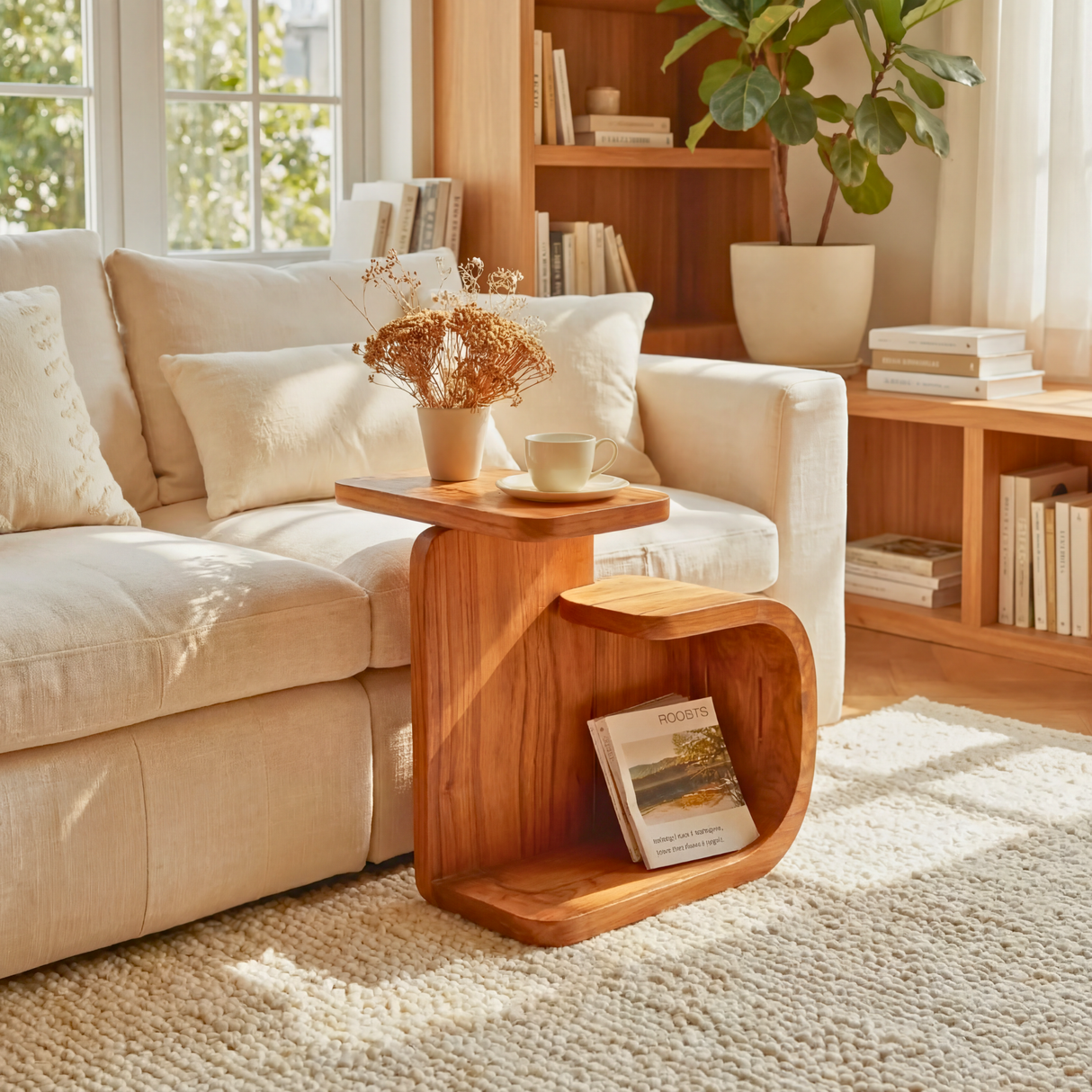 Sculptural Solid Wood Side Table for Modern Living Rooms and Cozy Corners