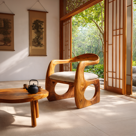 Sculptural Solid Wood Lounge Chair with Curved Organic Frame for Living Room