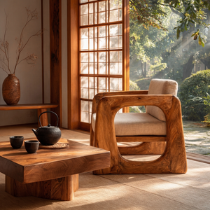 Solid Wood Lounge Armchair with Sculpted Frame for Living Room Reading Corner