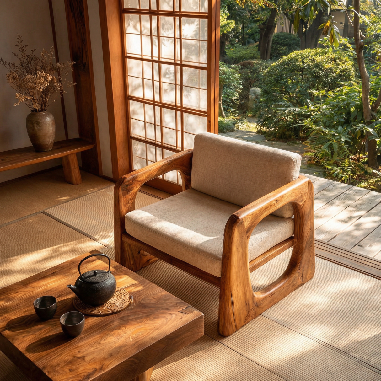 Solid Wood Lounge Armchair with Sculpted Frame for Living Room Reading Corner