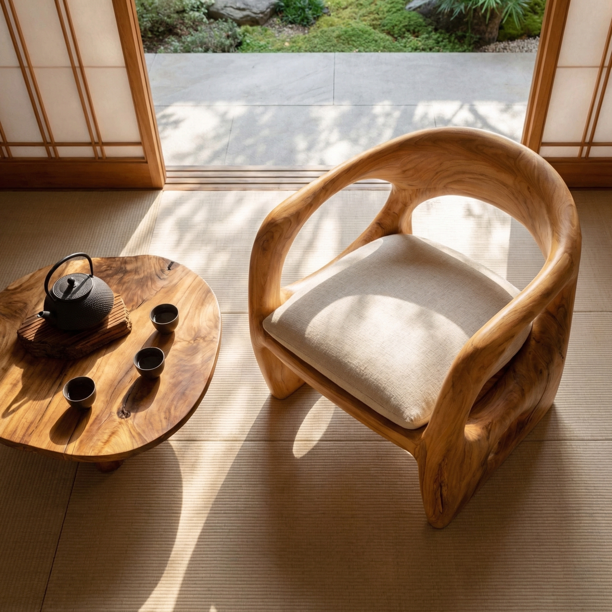 Hand Carved Solid Wood Lounge Chair with Organic Sculptural Design for Living Room