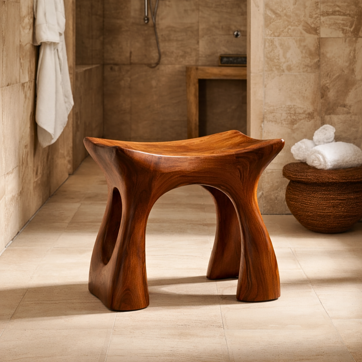 Handcrafted Solid Wood Shower Stool with Sculpted Curved Form for Bathroom Spa