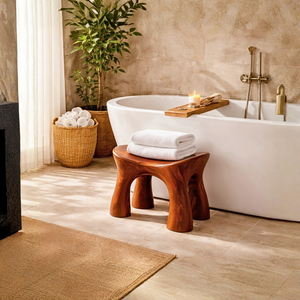 Solid Wood Shower Bench with Sculpted Organic Design for Bathroom Spa or Shower Space