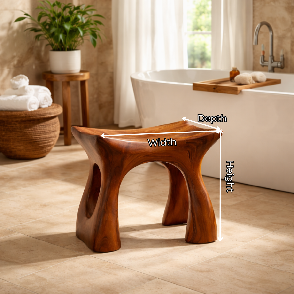 Handcrafted Solid Wood Shower Stool with Sculpted Curved Form for Bathroom Spa