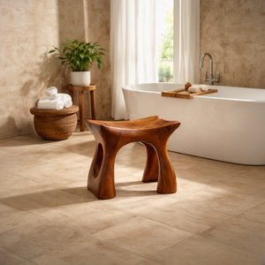 Handcrafted Solid Wood Shower Stool with Sculpted Curved Form for Bathroom Spa
