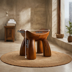 Hand Carved Solid Wood Shower Stool with Curved Sculptural Seat for Bathroom Spa or Bath Area