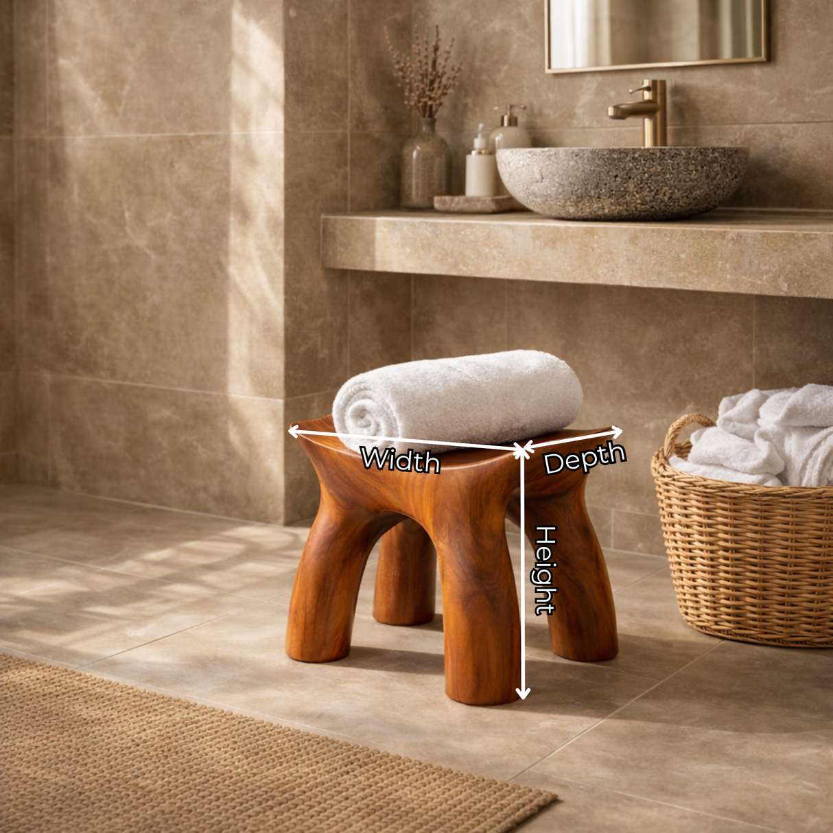 Organic Solid Wood Shower Stool with Curved Seat Design for Bathroom Spa or Bath Corner