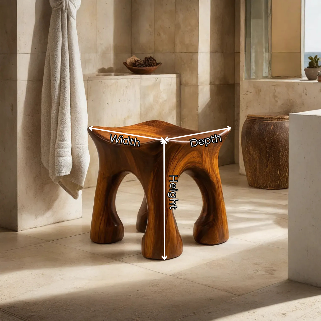 Solid Wood Shower Stool with Sculpted Organic Seat for Bathroom Spa Corner