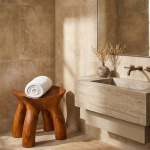 Organic Solid Wood Shower Stool with Curved Seat Design for Bathroom Spa or Bath Corner