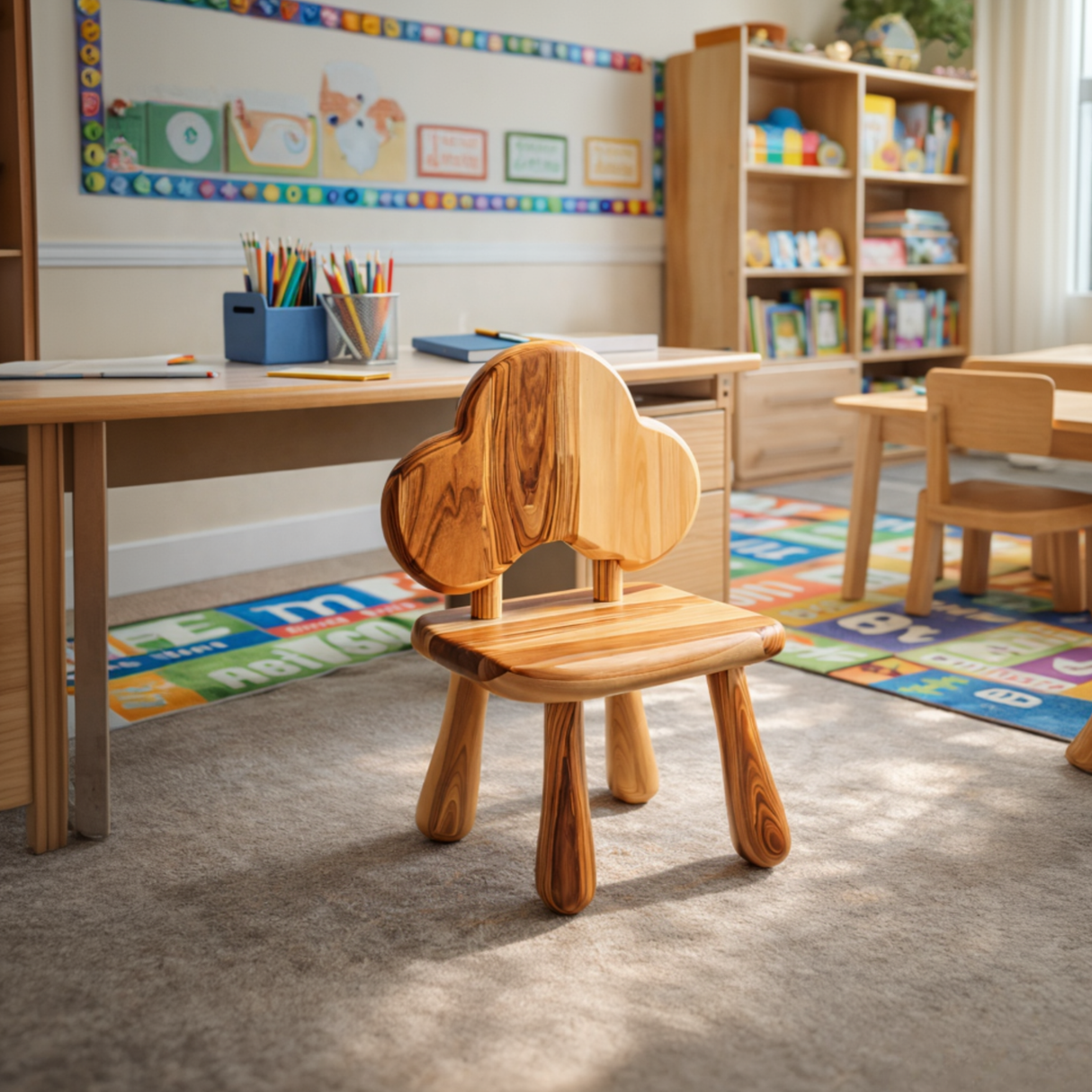 Solid Wood Kids Chair with Cloud Shaped Backrest for Nursery, Playroom or Learning Space