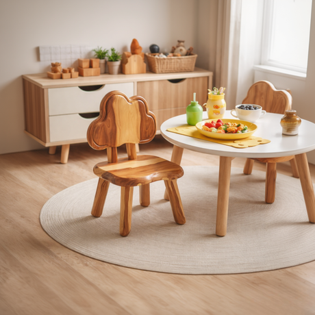Solid Wood Kids Chair with Tree Shaped Backrest for Playroom, Dining Area or Nursery Space