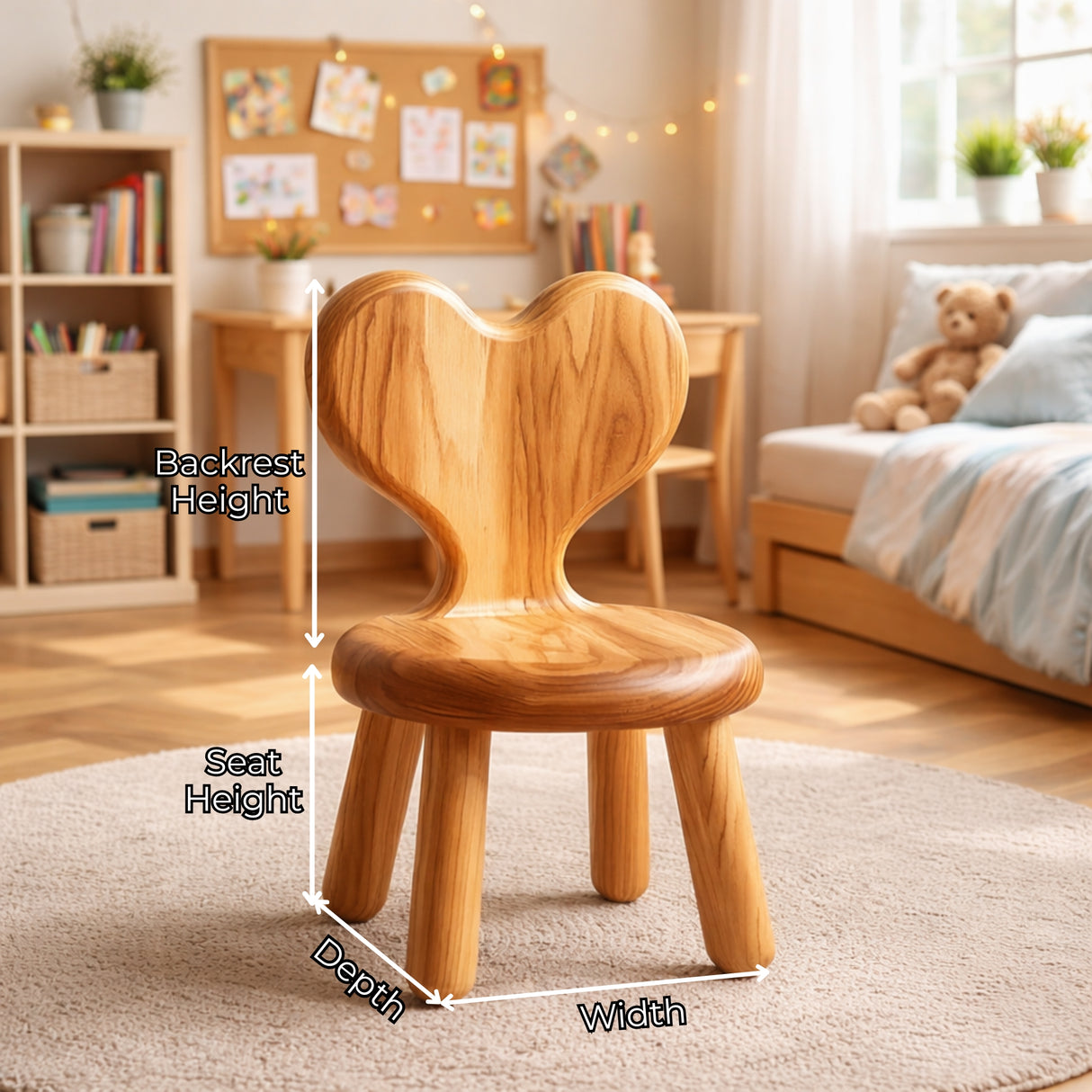Solid Wood Kids Chair with Heart Shaped Backrest for Nursery Bedroom or Playroom