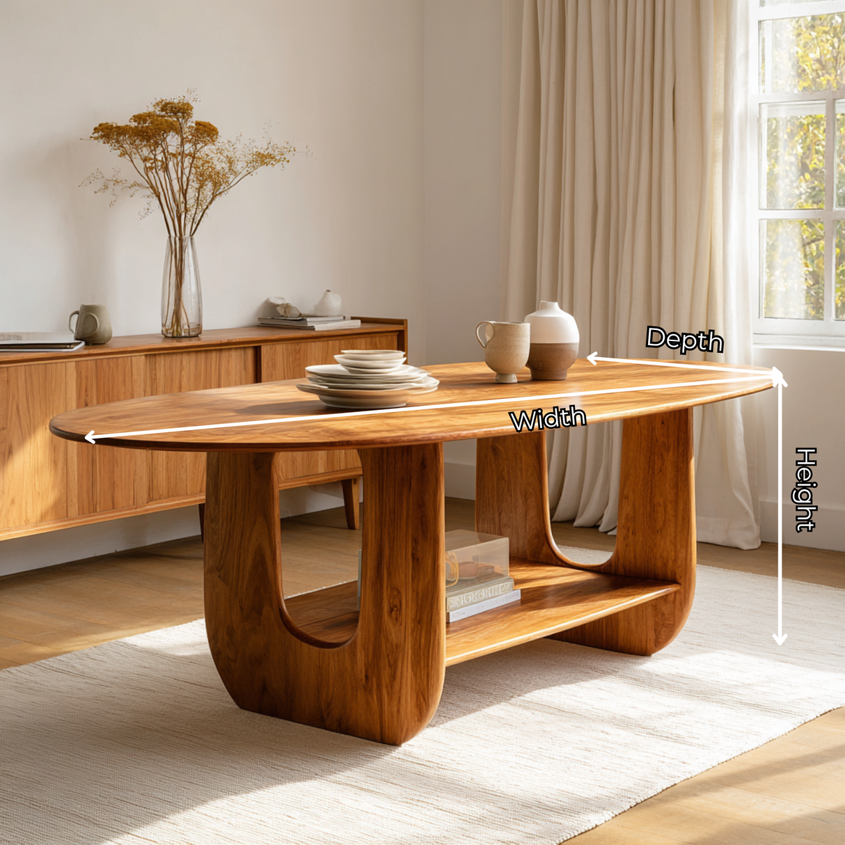 Oval Solid Wood Dining Table with Sculptural Base and Storage Shelf for Dining Room