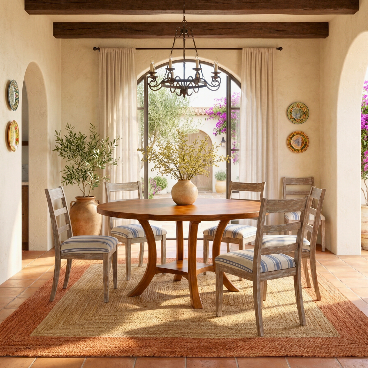Round Solid Wood Dining Table with Curved Pedestal Base for Dining Room