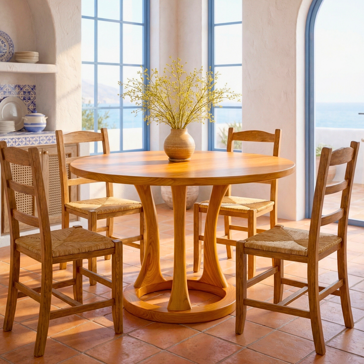 Round Solid Wood Dining Table with Ring Base Design for Dining Room