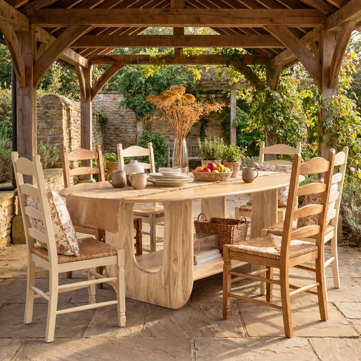 Oval Solid Wood Dining Table with Sculptural Base and Storage Shelf for Dining Room