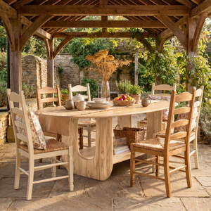 Oval Solid Wood Dining Table with Sculptural Base and Storage Shelf for Dining Room