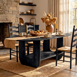 Oval Solid Wood Dining Table with Sculptural Base and Storage Shelf for Dining Room