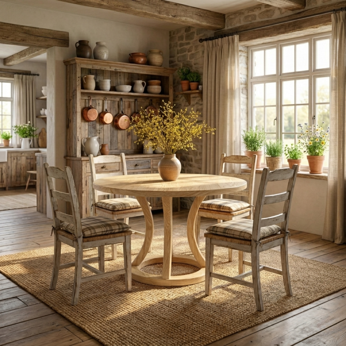 Round Solid Wood Dining Table with Ring Base Design for Dining Room