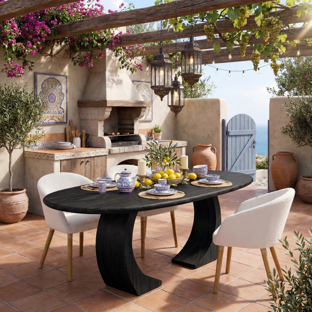Oval Solid Wood Dining Table with Curved Sculptural Legs for Dining Room